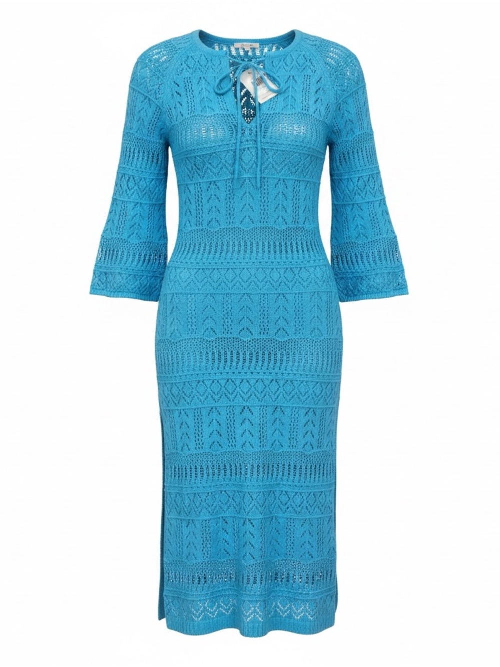 Elan Bloomingdale’s Turquoise Openwork Knit Crochet Maxi Dress Cruise Boho